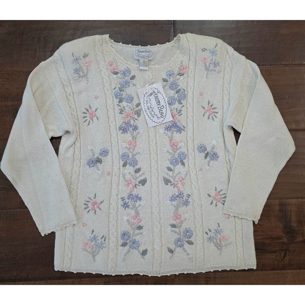 Vtg 90s Cottagecore cream floral embroidered beaded cable knit sweater S NWT